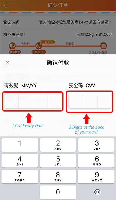 Enter card CVV Alipay