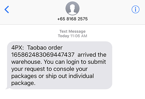 Receive SMS when item arrives at shipping warehouse